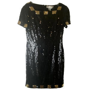 Vintage AJ Bari Dress 14 Black Gold Sequin Mini 80s Glam Party Cocktail Holiday
